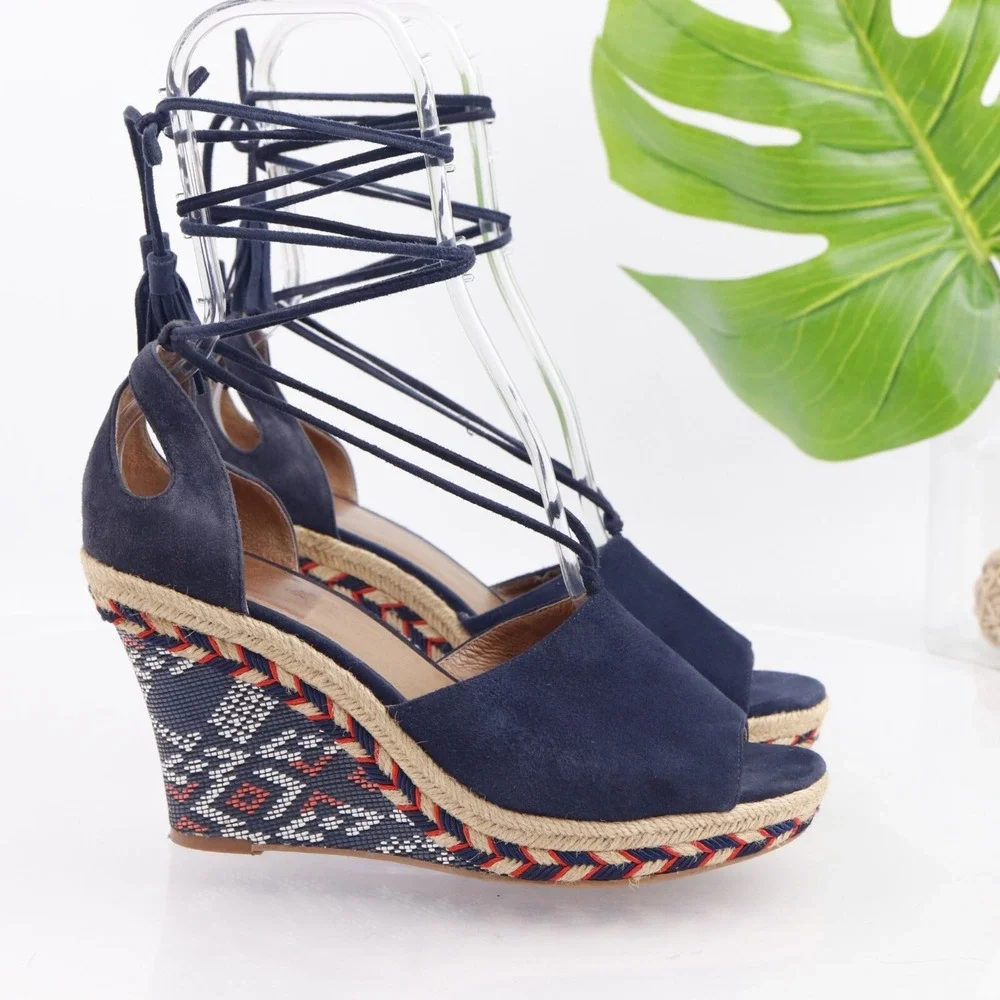 CAbi Womens Isla Sandals Size 8 Navy Suede Tie Ankle Wrap Espadrille Wedge Shoes